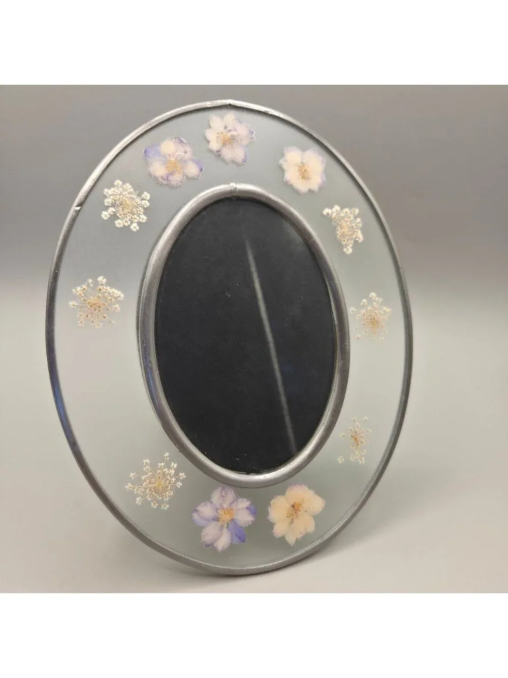 Oval Pressed Flower Glass Photo Frame Metal Trim Back Stand Rear Loading